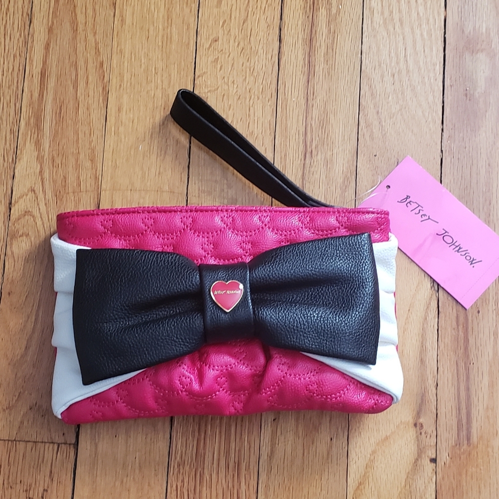 Betsey johnson hot pink bow wristlet wallet clutch nwt black white